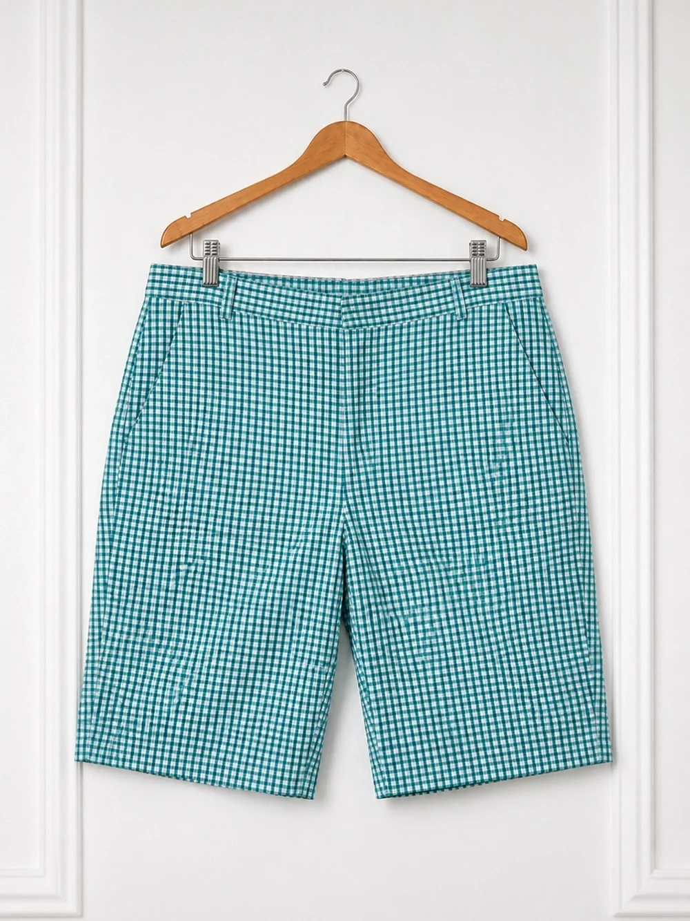 Talbots Heritage Gingham Bermuda Shorts Women’s Size 12 Long Aqua White - Picture 2 of 6